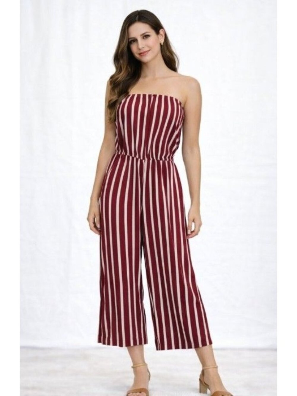 Ambiance Jumpsuit Womens Small Burgundy White Striped Wide leg Strapless
